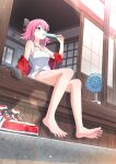  1girl arm_support armpit_crease bare_legs bare_shoulders barefoot black_bow black_socks bow collarbone commission electric_fan eyelashes feet food foreshortening full_body greek_toe hair_bow hand_up highres holding honshiro_nikori jewelry legs lens_flare medium_hair necklace off_shoulder original pink_hair popsicle shadow shoes shoes_removed short_shorts short_sleeves shorts sitting skeb_commission sneakers socks socks_removed solo spread_toes sweatdrop tank_top thighs toenails toes white_shorts white_tank_top 