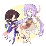  2girls barefoot black_dress blue_ribbon brown_eyes brown_hair chain chibi closed_eyes closed_mouth commentary_request dress earrings hair_ribbon hairband holding holding_instrument instrument japanese_clothes jewelry kimono ko_kita long_hair low_twintails lute_(instrument) multiple_girls music off_shoulder playing_instrument purple_hair purple_hairband red_ribbon ribbon short_hair siblings sisters sleeveless sleeveless_dress smile split_mouth string touhou tsukumo_benben tsukumo_yatsuhashi twintails very_long_hair white_kimono yellow_dress 