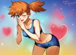  1girl bare_arms bike_shorts blue_eyes blush breasts cleavage commentary cowboy_shot dated eyelashes hands_up heart leaning_forward mina_cream misty_(pokemon) navel one_eye_closed open_mouth orange_hair own_hands_together pokemon pokemon_(game) pokemon_frlg short_hair side_ponytail signature smile solo sports_bra teeth tongue upper_teeth_only 