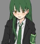  1boy armband black_jacket brown_hair collared_shirt commentary_request denney_(sukeru_ramune) flat_color green_armband green_hair green_necktie grey_background highres jacket lobotomy_corporation long_hair long_sleeves male_focus necktie netzach_(project_moon) open_clothes open_jacket project_moon shirt simple_background sketch solo upper_body white_shirt 