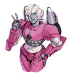  1girl arcee autobot blue_eyes cowboy_shot english_commentary hand_on_own_hip hand_on_own_thigh highres mecha robot sin0ky smile solo transformers transformers:_earthspark v wheel white_background 