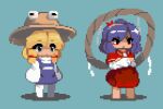  2girls blonde_hair blue_background brown_headwear commentary crabb crossed_arms full_body layered_sleeves long_sleeves mirror moriya_suwako multiple_girls pixel_art purple_hair purple_skirt red_skirt short_hair short_over_long_sleeves short_sleeves sidelocks simple_background skirt standing touhou turtleneck yasaka_kanako 