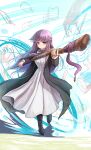  1girl black_coat black_footwear blunt_bangs boots braided_scarf breasts buttons closed_mouth coat cut_bangs dress fern_(sousou_no_frieren) highres holding long_coat long_dress long_hair long_sleeves looking_at_viewer mage_staff namiki_(remiter00) purple_eyes purple_hair simple_background sousou_no_frieren straight_hair white_dress wizard 