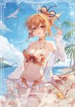  1girl alternate_costume arm_up bare_shoulders beach bikini bird blonde_hair blue_sky bow breasts butterfly_choker chest_tattoo choker cleavage cloud collarbone cowboy_shot day flower flower_tattoo footprints genshin_impact hair_between_eyes hair_flower hair_ornament highres holding_sandals jewelry lixiang_guo_alice long_hair long_sleeves looking_at_viewer medium_breasts navel off_shoulder open_clothes open_mouth orange_bikini outdoors palm_tree ponytail red_choker sandals sandals_removed sky smile solo stomach swimsuit tattoo thigh_strap tree water yellow_eyes yoimiya_(genshin_impact) 