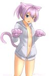  1girl animal_ears animal_hands blue_eyes cat_ears cat_tail feet_out_of_frame flat_chest gloves hood hooded_jacket jacket kantai_collection navel one-hour_drawing_challenge paw_gloves pink_hair ponytail ray.s shiranui_(kancolle) short_hair simple_background solo standing tail white_background white_jacket 