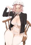  1girl black_shirt blush bra breasts chair curvy garter_belt highres large_breasts lingerie long_sleeves maid open_clothes open_shirt original panties purple_eyes shirt simple_background sitting solo thick_thighs thighhighs thighs throtem underwear white_background wide_hips 