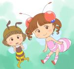  2girls arthropod_girl bee_girl bob_cut brown_eyes brown_hair bug chibi_maruko-chan cosplay dress drill_hair insect_wings jougasaki_himeko multiple_girls sasayama_kazuko twin_drills wings yamanokonza 