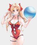  1girl absurdres blonde_hair breasts clothing_cutout earrings ereshkigal_(fate) fate/grand_order fate_(series) hair_ribbon highres jewelry leatzche long_hair looking_at_viewer medium_breasts navel navel_cutout one-piece_swimsuit red_eyes red_nails red_one-piece_swimsuit red_ribbon ribbon solo swimsuit thigh_strap twintails 