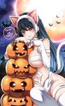  1girl animal_ears animal_hands bare_shoulders bat_(animal) black_hair blush breasts cat_ears cat_tail claws cleavage cosplay felicia_(vampire) felicia_(vampire)_(cosplay) hairband halloween highres jack-o&#039;-lantern large_breasts long_hair looking_at_viewer maroonabyss navel pumpkin red_eyes solo spy_x_family tail thighhighs trick_or_treat vampire_(game) white_fur yor_briar 