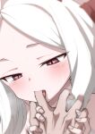  1boy 1girl ahoge black_horns blue_archive blush commentary finger_sucking hand_grab highres hina_(blue_archive) hitotose_rin horns long_hair looking_at_hand pov pov_hands purple_eyes revision saliva solo_focus sweat symbol-only_commentary tongue tongue_out white_hair 