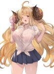  1girl ahoge anila_(granblue_fantasy) ayacho blonde_hair blue_skirt blunt_bangs blush bra breasts brown_eyes collarbone collared_shirt cowboy_shot curled_horns draph granblue_fantasy hand_fan highres holding holding_fan horns hot huge_breasts long_hair miniskirt one_eye_closed pink_bra pleated_skirt school_uniform see-through see-through_shirt shirt short_eyebrows simple_background skirt solo sweat thick_eyebrows thick_thighs thighs tied_shirt underwear very_long_hair wavy_hair white_background white_shirt 