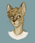  anthro blue_background brown_hair bucklucky bust_portrait clothing facial_spots felid fur glistening glistening_eyes hair male mammal mouth_closed orange_eyes portrait simple_background solo spotted_face tan_body tan_fur topwear whiskers white_clothing white_topwear 