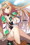  1girl artist_name blonde_hair blue_sky breasts chest_jewel circlet cleavage cleavage_cutout closed_mouth clothing_cutout core_crystal_(xenoblade) dress elbow_gloves gloves highres large_breasts long_hair looking_at_viewer mythra_(xenoblade) outdoors owloo_art sky smile solo swept_bangs white_dress white_gloves xenoblade_chronicles_(series) xenoblade_chronicles_2 yellow_eyes 