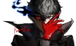  1boy amamiya_ren black_coat black_eyes black_hair coat copyright_name gloves hair_between_eyes half_mask heterochromia highres long_sleeves looking_at_viewer male_focus mask nagisa99 parted_lips persona persona_5 red_eyes red_gloves simple_background solo upper_body white_background white_mask 