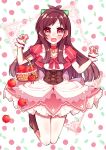  1girl absurdres antenna_hair apple apple_print bare_legs blush brown_hair choker collarbone corset earrings food fruit fruit_background fruit_basket heart heart_earrings highres idolmaster idolmaster_cinderella_girls jewelry legs_folded looking_at_viewer natsume9696 puffy_short_sleeves puffy_sleeves red_choker red_eyes ringorou_(idolmaster) scrunchie short_sleeves solo tsujino_akari wrist_scrunchie 