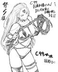  1girl bdsm black_gloves black_nails bondage bondage_outfit bound breasts cleavage collarbone elbow_gloves gloves greyscale holding holding_whip kaijin_hime_do-s large_breasts leg_belt long_hair looking_at_viewer monochrome nail_polish o/p.com one-punch_man sailor_collar smile solo whip 