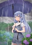  1girl blue_hair dress fake_horns flower frilled_sleeves frills grey_dress grey_hair headgear highres holding holding_umbrella horns hydrangea i-203_(kancolle) kantai_collection light_blue_hair long_hair looking_at_viewer mayura_(lucadia) nature outdoors rain shirt short_sleeves solo tree umbrella water_drop white_shirt 