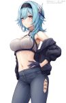  1girl asymmetrical_hair black_gloves black_hairband blue_hair breasts casual closed_mouth clothing_cutout cowboy_shot denim eula_(genshin_impact) genshin_impact gloves hair_ornament hairband hand_on_own_hip jeans kinoko_kun large_breasts medium_hair navel pants simple_background solo stomach white_background yellow_eyes 