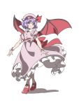 1girl bat_wings closed_mouth commentary full_body gyouza_(mhea5724) hat hat_ribbon highres looking_at_viewer pink_headwear pink_shirt pink_skirt red_eyes red_footwear red_ribbon remilia_scarlet ribbon shirt short_sleeves simple_background skirt smile socks solo standing touhou white_background white_socks wings 