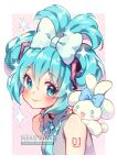  1girl 1other alternate_hairstyle animal animal_ears artist_name bare_shoulders blue_bow blue_eyes blue_hair blue_necktie blush border bow breasts cinnamiku cinnamoroll closed_mouth collared_shirt commentary crossover english_commentary grey_shirt hair_between_eyes hair_bow hair_ornament hatsune_miku lips looking_at_viewer looking_to_the_side medium_breasts miku_day necktie neko-rina number_tattoo open_mouth outside_border pink_background polka_dot polka_dot_background rabbit_ears rabbit_tail sanrio shirt short_hair sidelocks sleeveless sleeveless_shirt smile star_(symbol) tail tattoo upper_body vocaloid watermark white_border white_fur 