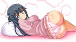  1girl :o black_hair blue_eyes commentary commission cougar_(cougar1404) crotch_seam frilled_panties frills from_behind half_updo long_hair long_sleeves looking_at_viewer looking_back lying no_pants on_side open_mouth original panties pillow pink_panties pink_shirt shirt skeb_commission solo underwear wing_hat_ornament 