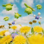  3d blurry blurry_foreground cloud commentary dandelion day english_commentary flower highres jumpluff no_humans outdoors pokemon pokemon_(creature) skiploom vxcl yellow_flower 