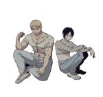  2boys absurdres alternate_costume bara blonde_hair bursting_pectorals cropped_shirt denim eren_yeager facial_hair frilled_sleeves frills goatee highres jeans long_sleeves male_focus multiple_boys muscular muscular_male navel_hair pants pectoral_cleavage pectorals reiner_braun shingeki_no_kyojin shirt shoes short_hair sitting skinny sneakers stomach striped striped_shirt stubble sweatdrop syabbal-i undersized_clothes white_shirt 