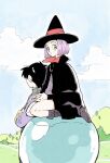  1boy 1girl aged_down baba_(dragon_ball) black_cape black_hair black_headwear boots cape closed_mouth cloud commentary_request cupping_hands day dragon_ball grass green_eyes grey_footwear hat looking_to_the_side outdoors own_hands_together purple_hair short_hair sitting sky suiyou_kyoudai witch_hat 