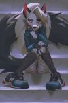  2023 anthro black_body black_fur breasts canid canid_demon cleavage clothed clothing demon female fishnet fishnet_legwear footwear frown fur hellhound helluva_boss legwear looking_at_viewer loona_(helluva_boss) mammal miles_df multicolored_body multicolored_fur new_balance panties phone red_sclera solo underwear white_body white_eyes white_fur 
