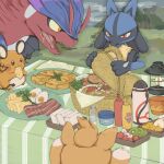  basket commentary_request dedenne eating food fruit hardboiled_egg holding holding_food ketchup_bottle kiwi_(fruit) kiwi_slice koraidon looking_down lucario mustard_bottle pawmi picnic picnic_basket plate pokemon pokemon_(creature) saliva sandwich strawberry strawberry_slice table tablecloth thermos tora_(tsmc5353) 