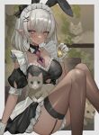 1girl animal_ears animal_on_lap bell black_dress black_ribbon blush border brown_thighhighs cat cat_on_lap closed_mouth commentary dark-skinned_female dark_skin detached_collar dress earrings fake_animal_ears frilled_dress frills garter_straps gloves grey_hair hair_between_eyes hair_ribbon hand_up highres hitowa holding holding_bell jewelry looking_at_viewer medium_hair necktie on_lap original outside_border pink_eyes pink_necktie plant pointy_ears potted_plant puffy_short_sleeves puffy_sleeves rabbit_ears ribbon short_sleeves solo thighhighs white_border white_gloves white_headdress 