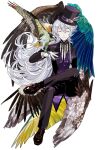  1boy bird bird_on_hand bird_wings black_headwear black_jacket black_pants bow bowtie braid closed_eyes closed_mouth eagle ensemble_stars! facing_viewer figure_four_sitting full_body gloves hair_between_eyes hat hat_feather hat_ornament hibiki_wataru invisible_chair jacket long_hair long_sleeves male_focus multiple_wings pants purple_bow purple_bowtie purple_vest red_footwear shirt shoes side_braid sitting slothm22 smile solo star_(symbol) star_hat_ornament striped striped_shirt tailcoat tilted_headwear top_hat vertical-striped_shirt vertical_stripes vest white_background white_gloves white_hair white_shirt wings 