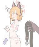  1boy 1girl absurdres anal_tail animal_ear_headphones animal_ears ass bare_shoulders blonde_hair blue_archive blush bra butt_plug cat_ear_headphones embarrassed fake_animal_ears fake_tail from_behind halo handheld_game_console headphones highres looking_at_viewer looking_back low_tied_sidelocks momoi_(blue_archive) nervous_sweating nose_blush open_mouth out_of_frame panties pink_halo s10021 sex_toy simple_background solo_focus standing striped striped_panties surprised sweat tail underwear underwear_only white_background 