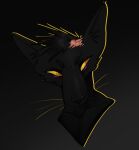  anthro black_body black_ears black_fur black_hair black_nose bust_portrait felid fur hair head_scar hi_res lionfloof looking_aside male mammal mouth_closed orange_eyes orange_pupils portrait pupils scar short_hair simple_background solo whiskers yellow_sclera 