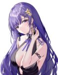  1girl bare_shoulders blush breasts dress earrings flower genshin_impact hair_ornament highres jewelry large_breasts long_hair looking_at_viewer mole mole_under_eye parted_lips purple_eyes purple_hair raiden_shogun raiya_atelier solo white_background 