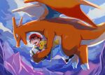  1boy :d ash_ketchum blue_pants brown_hair carrying charizard fingerless_gloves flying from_side gloves green_gloves hat highres jacket male_focus mo~zu open_mouth pants pikachu pokemon pokemon_(anime) pokemon_(classic_anime) pokemon_(creature) red_headwear shoes short_hair short_sleeves smile teeth tongue 
