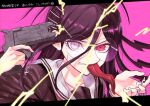  black_shirt danganronpa:_trigger_happy_havoc danganronpa_(series) electricity fukawa_toko genocider_shou glasses hair_between_eyes hair_ornament hairclip highres long_hair long_tongue red_eyes school_uniform serafuku shirt taser tongue toridbd wavy_eyes 