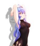  1girl ^_^ absurdres ahoge armpits arms_up blue_hair bodystocking breasts closed_eyes commentary covered_navel drop_shadow ganyu_(genshin_impact) genshin_impact highres horns long_hair medium_breasts simple_background solo upper_body very_long_hair white_background xxx_da_n00b_xxx 