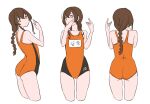  1girl ass cropped_jacket flat_chest from_behind kantai_collection looking_at_viewer looking_to_the_side multiple_views name_tag new_school_swimsuit one-piece_swimsuit orange_one-piece_swimsuit school_swimsuit simple_background souya_(kancolle) swimsuit tamu_(mad_works) white_background 