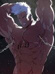  1boy 69_(meme) abs absurdres armpits arms_up bara chain chained character_request clenched_teeth copyright_request dark-skinned_male dark_skin highres large_pectorals long_sideburns mabataki male_focus mature_male meme muscular muscular_male navel nipple_chain nipples nude pectorals short_hair sideburns solo stomach teeth veiny_face very_sweaty white_hair 