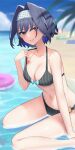  beach beach_towel beach_umbrella bikini bikini_top_pull blue_eyes blue_hair breasts cleavage earrings gukurosawa01 hair_intakes highres hololive hololive_english jewelry lifebuoy looking_at_viewer medium_breasts medium_hair ocean ouro_kronii partially_submerged pulled_by_self sand sitting smile starfish swimsuit teeth towel umbrella virtual_youtuber 