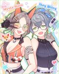  2girls belt black_shirt blue_eyes blue_hair breasts brown_gloves brown_hair collar cover crop_top earrings fang fishnet_gloves fishnets fox genderswap genderswap_(mtf) glasses gloves ike_eveland jewelry luxiem male_focus medium_breasts midriff multicolored_hair multiple_girls mysta_rias nightcat nijisanji nijisanji_en open_mouth orange_shirt pen ponytail shirt short_hair smile striped striped_shirt v virtual_youtuber 