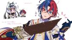  1boy 1girl alear_(fire_emblem) alear_(male)_(fire_emblem) blue_eyes blue_hair blush candy cape chocolate chocolate_bar crossed_bangs feather_dress feather_hair_ornament feathers fire_emblem fire_emblem_engage food gloves hair_ornament heterochromia holding holding_weapon long_hair mugimugis multicolored_hair petite red_eyes red_hair short_hair smile split-color_hair two-tone_hair very_long_hair veyle_(fire_emblem) weapon 