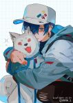  1boy alternate_costume bag black_pants blue_eyes blue_hair btmr_game dog earrings hair_over_one_eye hat highres holding holding_leash jacket jewelry koromaru_(persona) leash long_sleeves looking_at_viewer male_focus pants persona persona_3 red_eyes signature simple_background sparkle tongue twitter_username white_headwear yuuki_makoto 