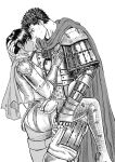  1boy 1girl aki_(akistrike) armor artist_name bandaged_arm bandages berserk black_hair blush boots cape casca_(berserk) dark-skinned_female dark_skin elbow_gloves english_commentary gloves greyscale guts_(berserk) hand_on_another&#039;s_chest hand_on_another&#039;s_head hand_on_another&#039;s_thigh imminent_kiss leg_up looking_at_another monochrome short_hair thigh_boots 