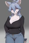  &lt;3 &lt;3_eyes anthro big_breasts black_nose blue_body blue_fur bottomwear bra_strap breasts canid canine cleavage clothed clothing female fur hair hand_on_hip hi_res idobata_hp kemono lace licking licking_lips lidded_eyes looking_at_viewer mammal pants pink_eyes ponytail smile solo standing sweater tight_bottomwear tight_clothing tight_pants tongue tongue_out topwear v-neck 