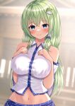  1girl bare_shoulders blue_eyes blue_skirt blush breasts closed_mouth detached_sleeves frog_hair_ornament green_hair hair_between_eyes hair_ornament hair_tubes highres japanese_clothes kochiya_sanae large_breasts long_hair navel nontraditional_miko reijing_etrn skirt smile snake_hair_ornament solo touhou upper_body white_sleeves wide_sleeves 
