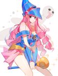  1girl archived_source bad_id bad_twitter_id black_eyes braid commentary_request cosplay dark_magician_girl dark_magician_girl_(cosplay) dress drill_hair duel_monster ghost hat joman korean_commentary long_hair looking_at_viewer one_piece perona pink_hair short_dress sidelocks simple_background star_(symbol) strapless strapless_dress white_background yu-gi-oh! 