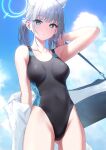  1girl animal_ear_fluff animal_ears bag bare_shoulders blue_archive blue_eyes blue_one-piece_swimsuit blue_sky blush breasts collarbone covered_navel cross_hair_ornament deca_purio duffel_bag extra_ears grey_hair hair_ornament halo highleg highleg_swimsuit highres looking_at_viewer medium_breasts medium_hair multicolored_clothes multicolored_swimsuit official_alternate_costume one-piece_swimsuit shiroko_(blue_archive) shiroko_(swimsuit)_(blue_archive) short_ponytail sidelocks sky solo swimsuit thighs wolf_ears 
