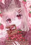  1girl absurdres aki_keika blush cream food fruit highres original pink_eyes pink_hair ribbon strawberry waffle yami_kawaii 